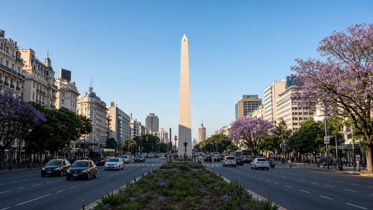 Obelisco de Buenos Aires sobre la avenida 9 de Julio con jacarandás en flor